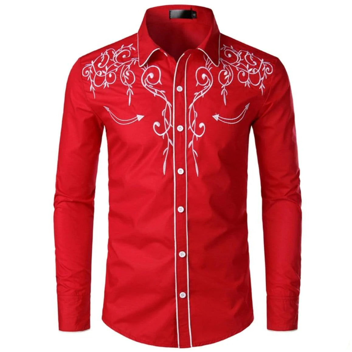 Red long-sleeve button-down shirt with white embroidery.
