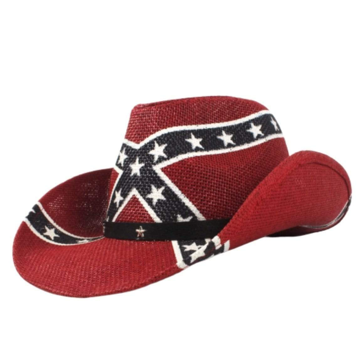 Red straw cowboy hat with Confederate flag design.