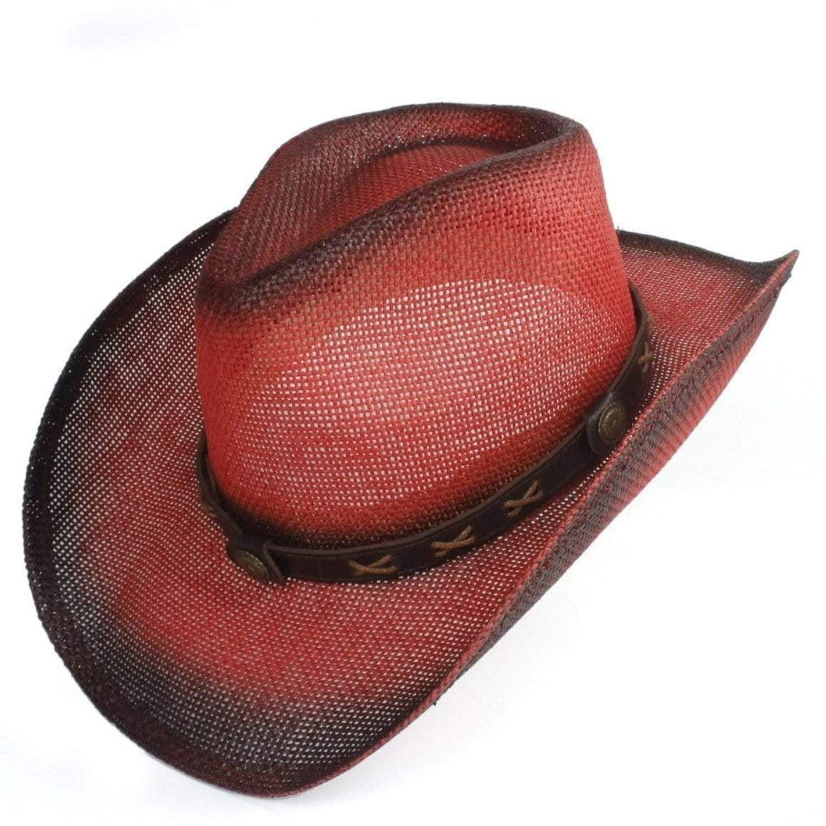 Red straw cowboy hat with brown leather band.