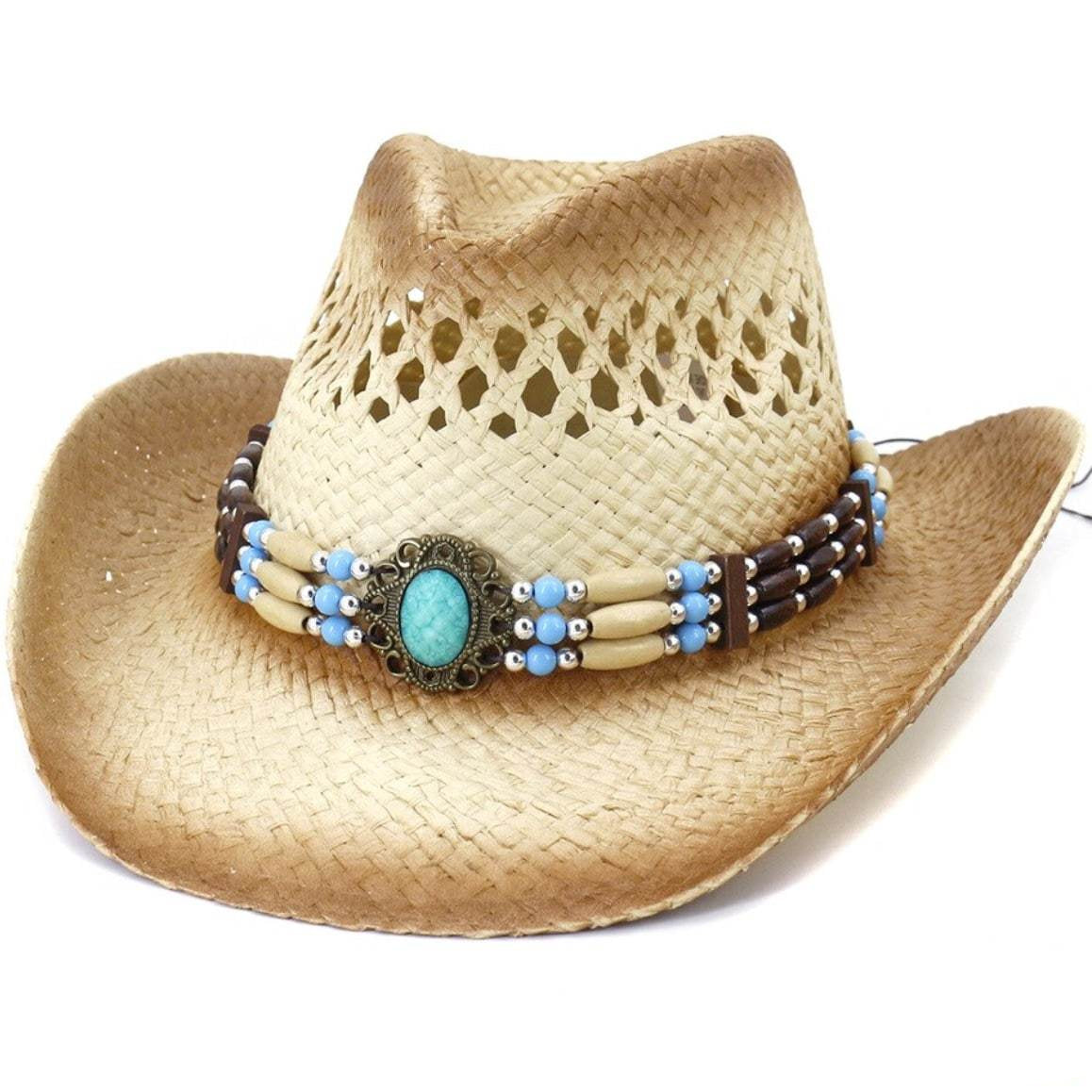 Straw cowboy hat with a beaded band.