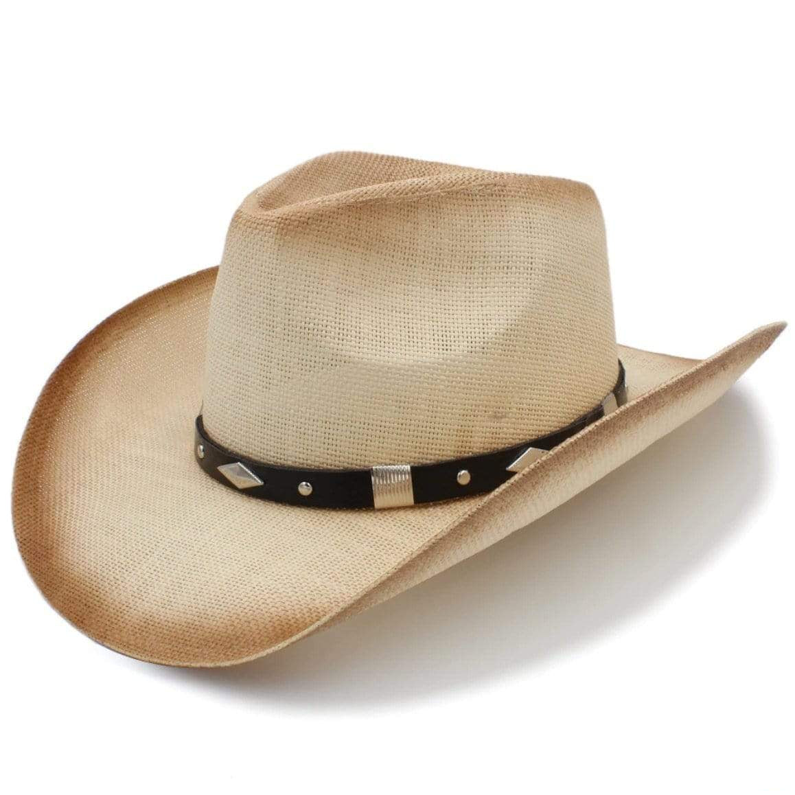 Straw cowboy hat with a black leather band.