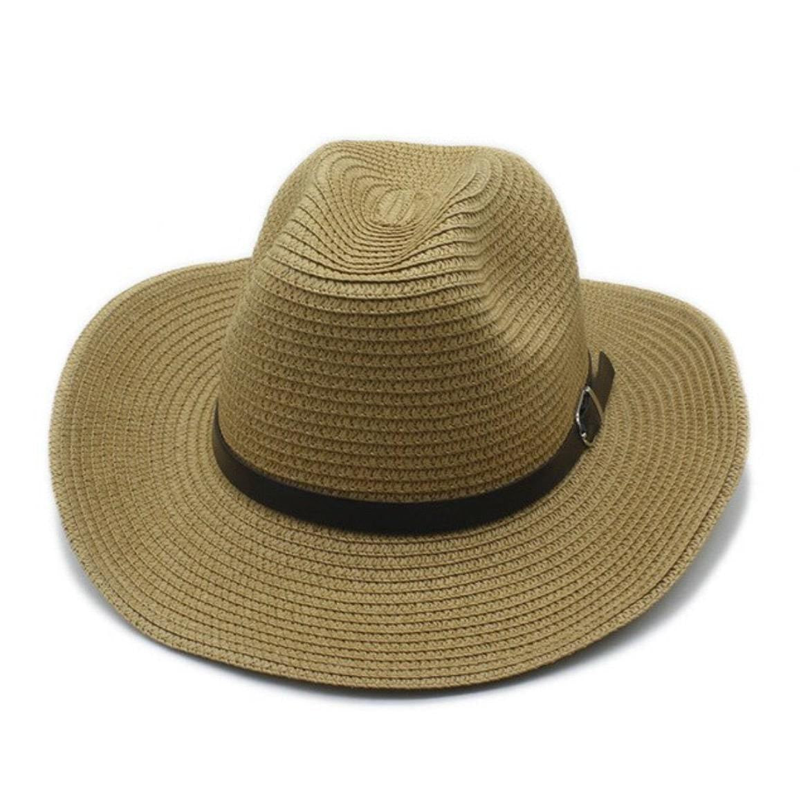 Straw cowboy hat with a brown band.