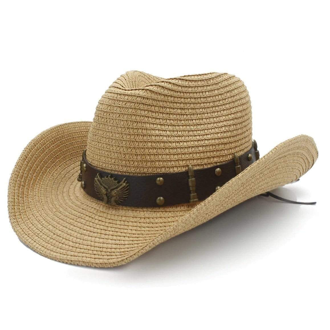 Straw cowboy hat with a brown leather band.