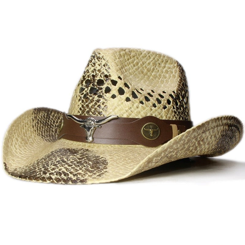 Straw cowboy hat with a brown leather band featuring a steer head and steer brand concho.