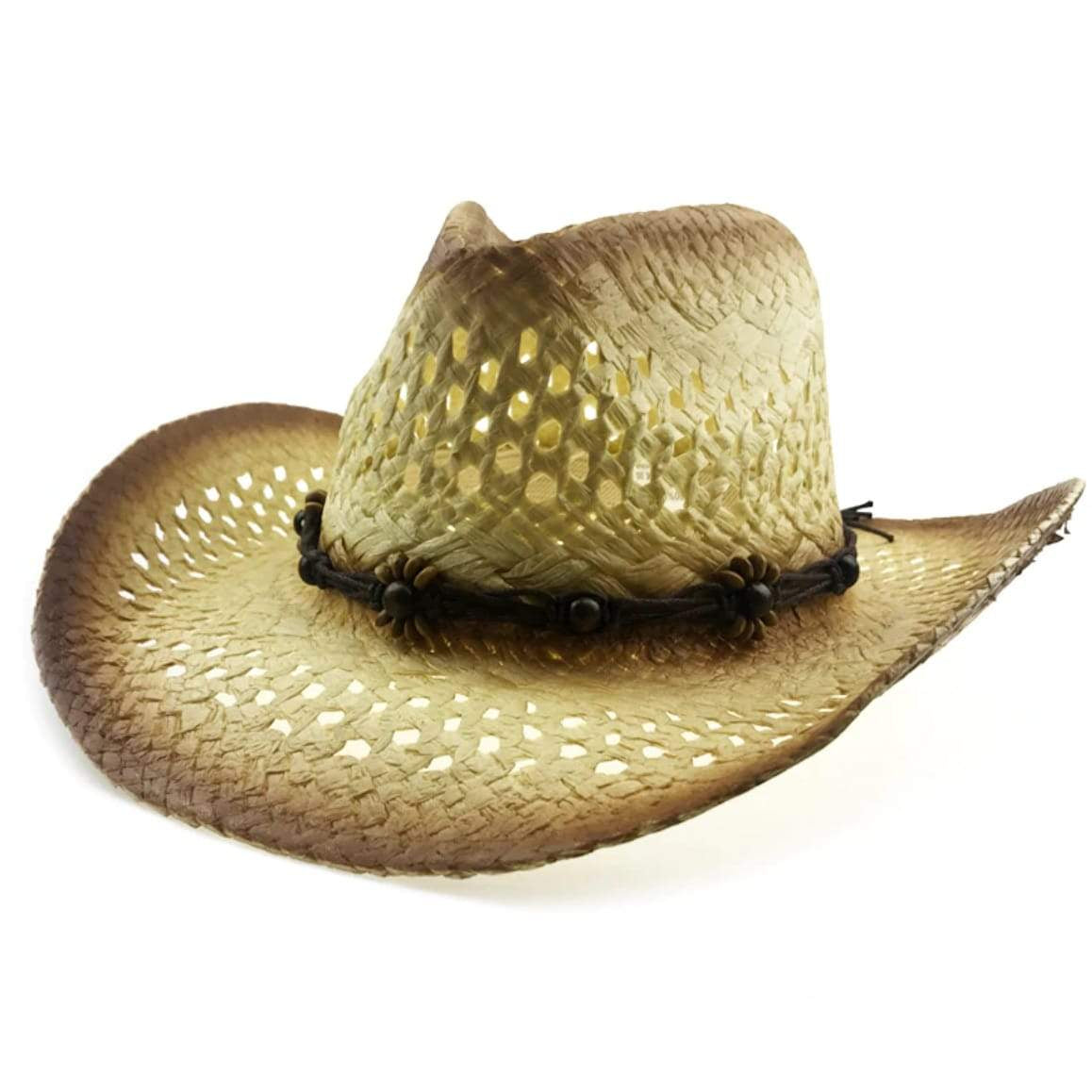 Straw cowboy hat with a dark brown beaded band.