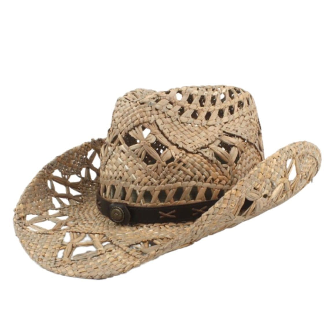 Straw cowboy hat with a dark brown leather band.