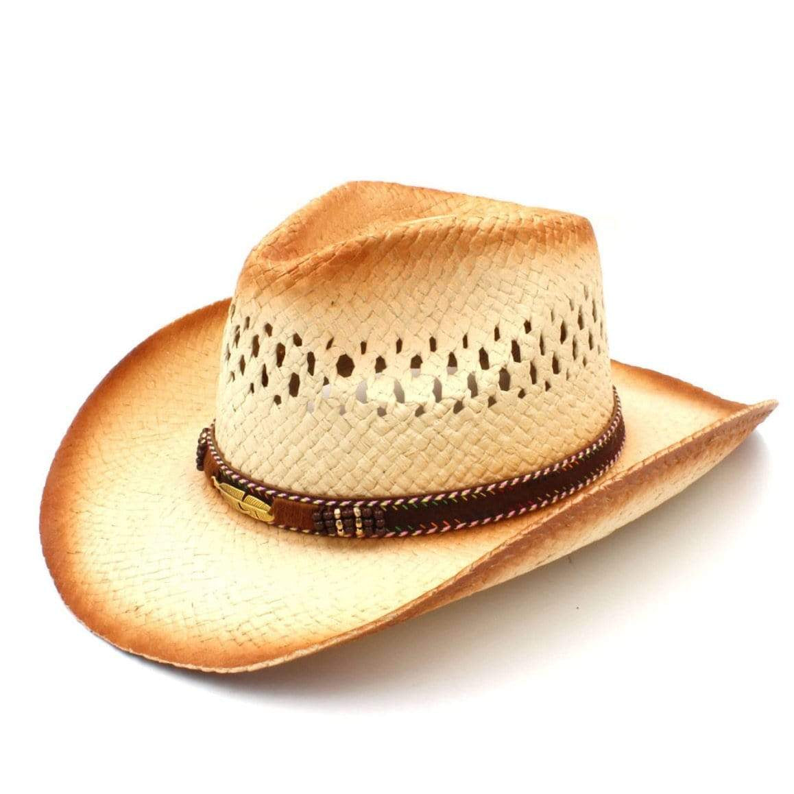 Straw cowboy hat with a decorative band.
