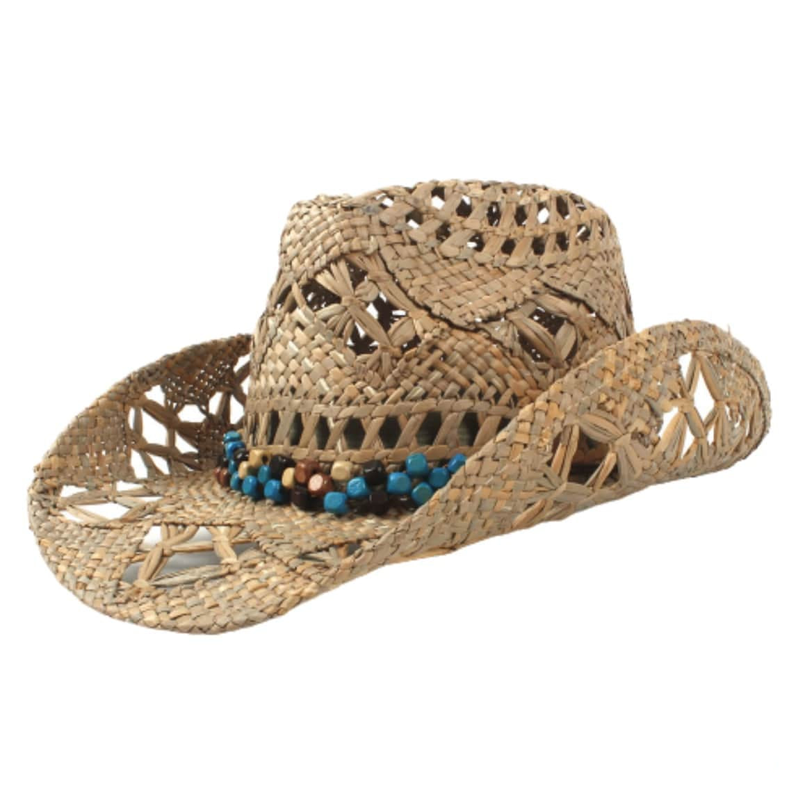 Straw cowboy hat with beaded band.
