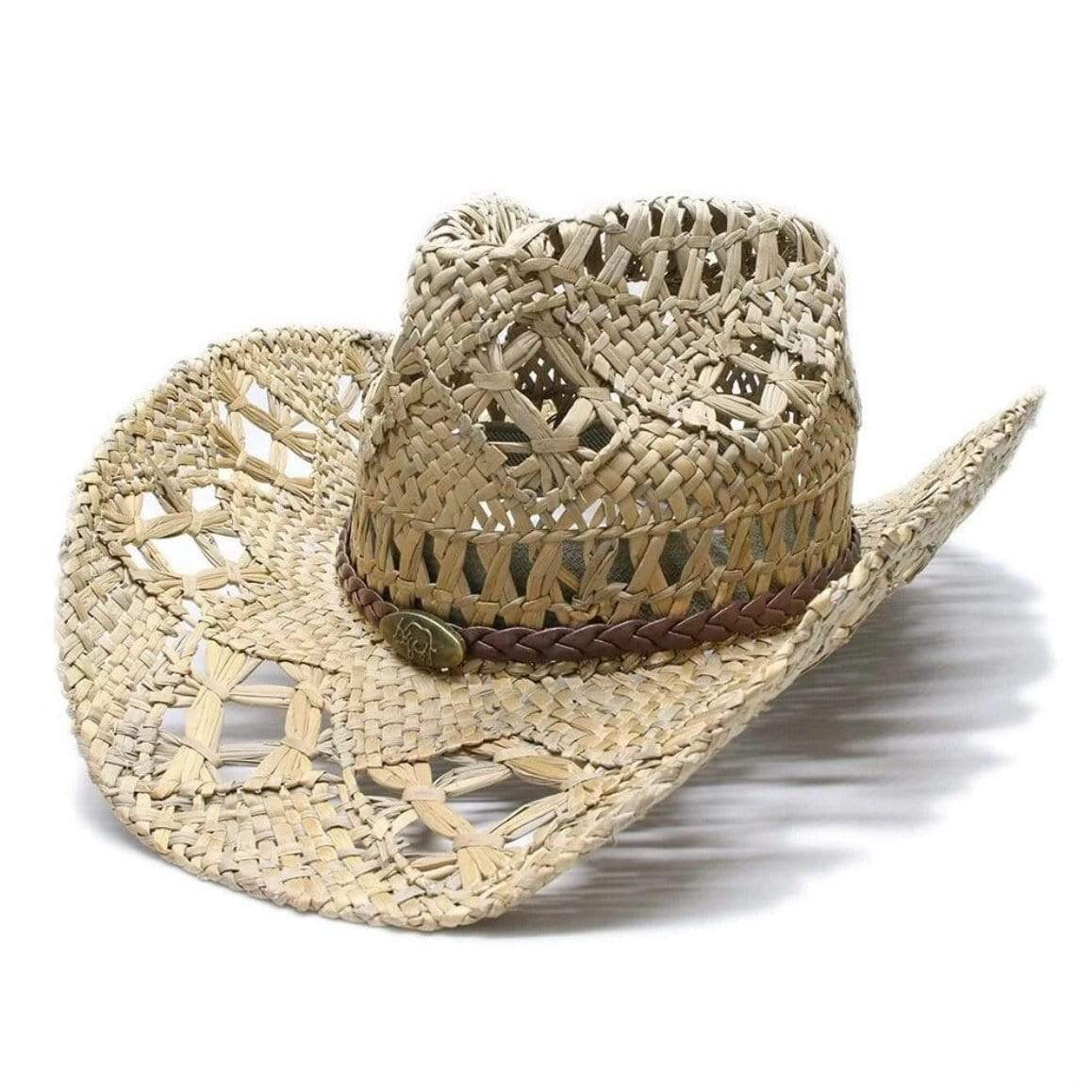 Straw cowboy hat with brown braided band.

