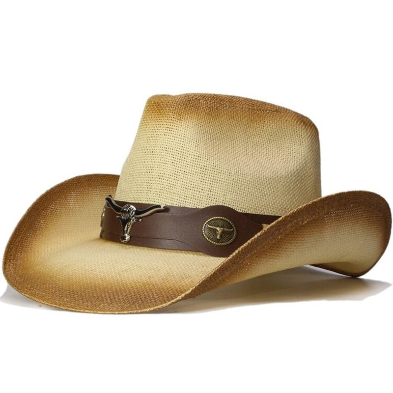 Straw cowboy hat with brown leather band.