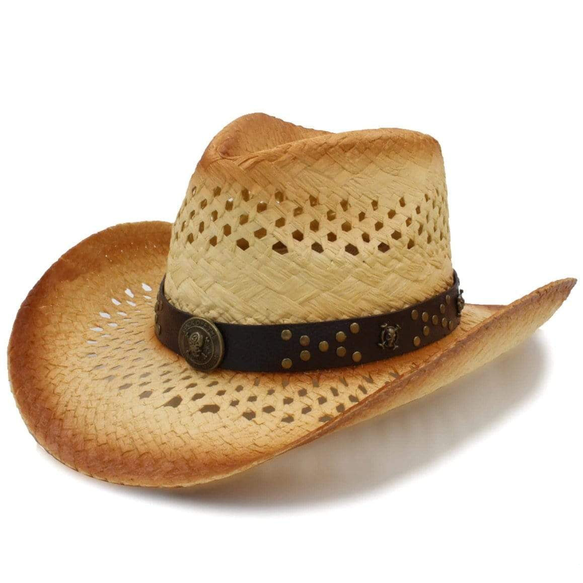 Straw cowboy hat with leather band.
