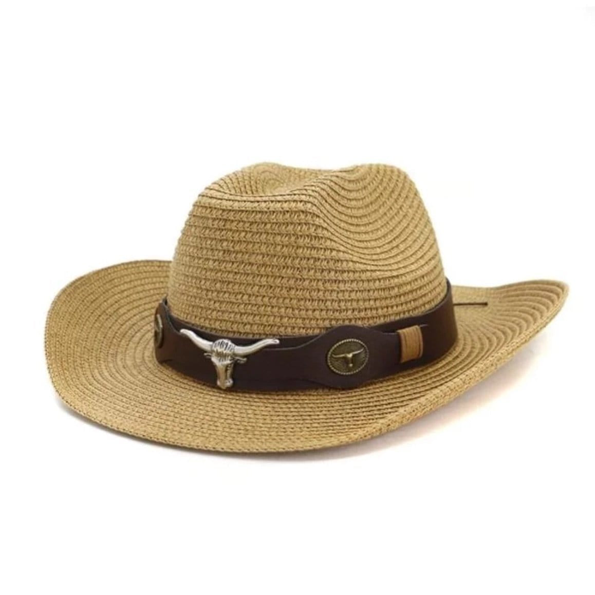 Straw cowboy hat with leather band and metal bull skull decoration.