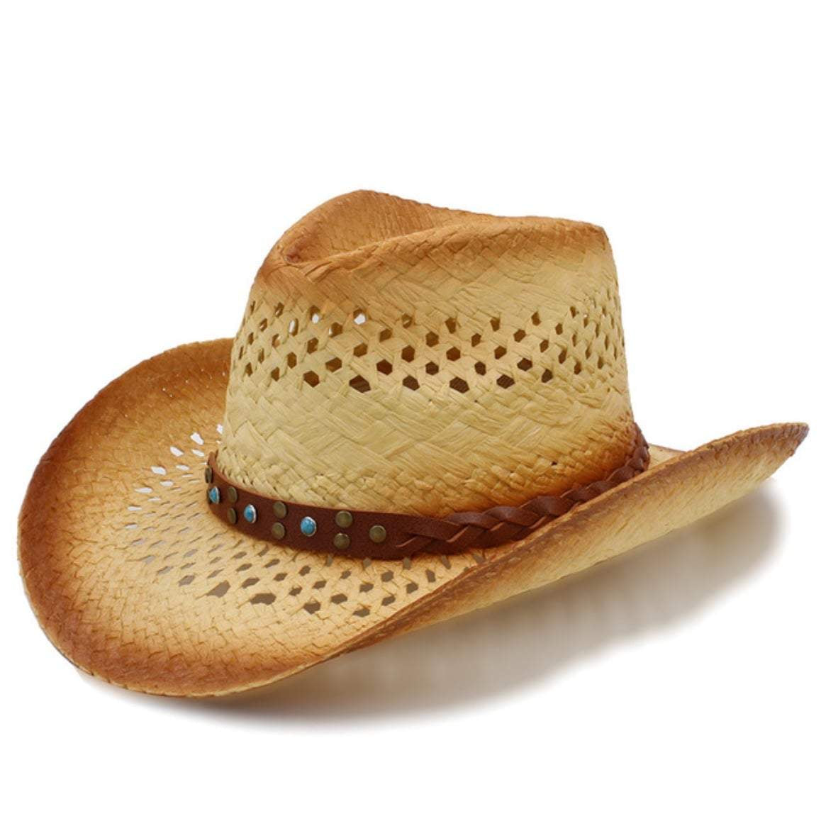 Straw cowboy hat with leather band and turquoise accents.