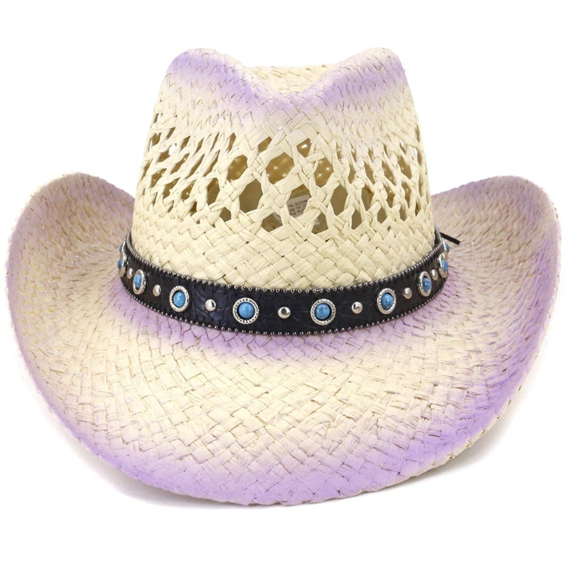 Straw cowboy hat with purple accents and a black band with silver studs and turquoise stones.