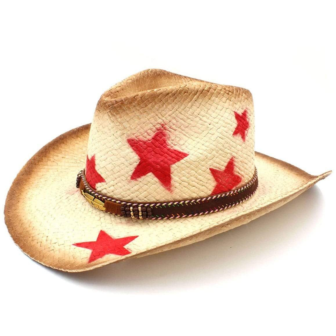 Straw cowboy hat with red stars and a beaded band.