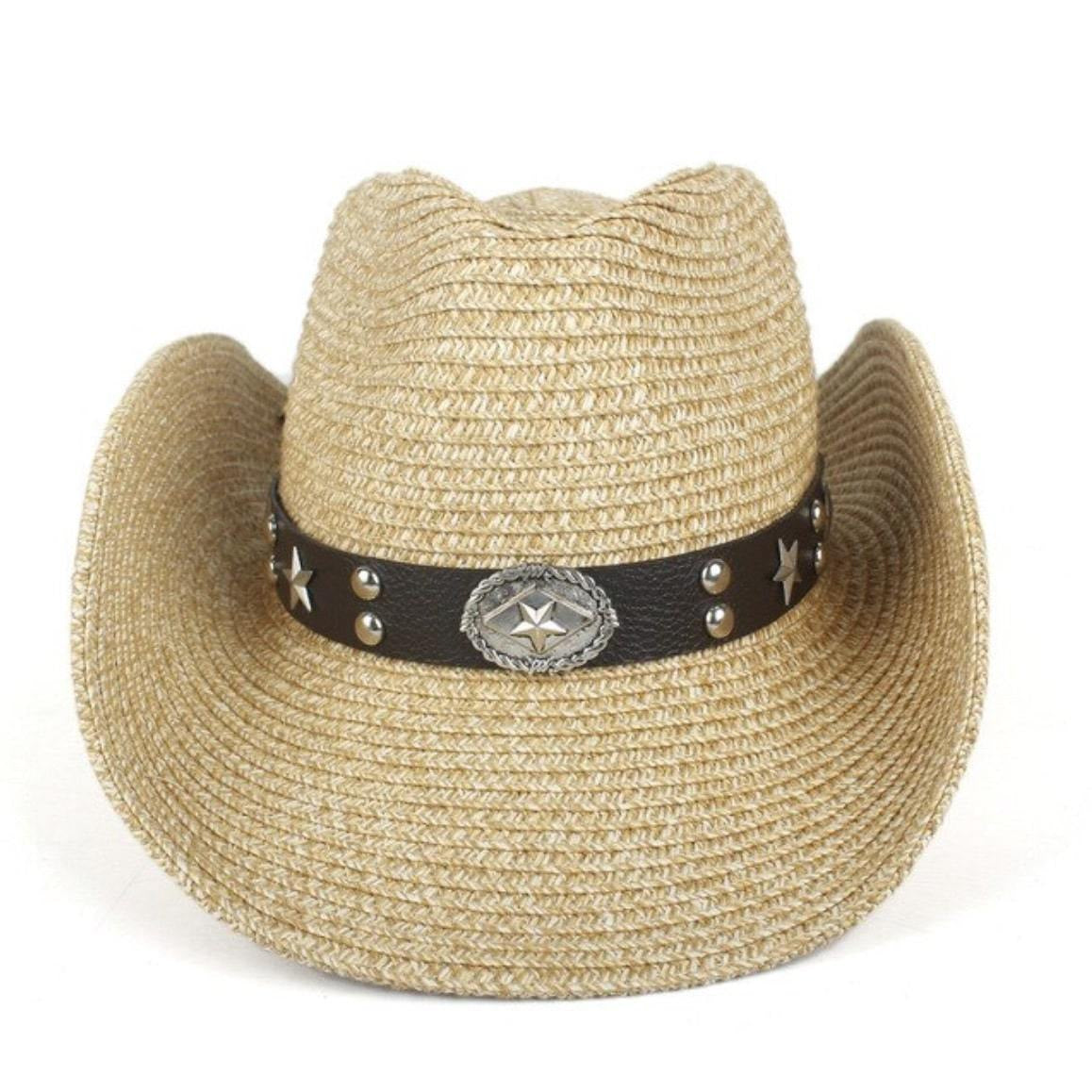 Straw cowboy hat with studded leather band.