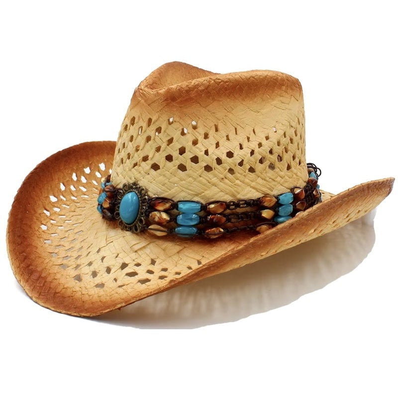 Straw cowboy hat with turquoise accents.