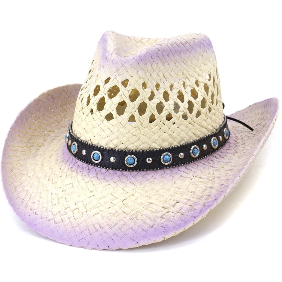 Straw cowboy hat with turquoise stones and purple trim.
