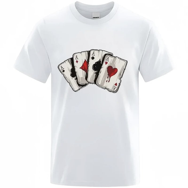 White t-shirt with a graphic of four playing cards: Ace of Clubs, Ace of Diamonds, Ace of Spades, and Ace of Hearts.