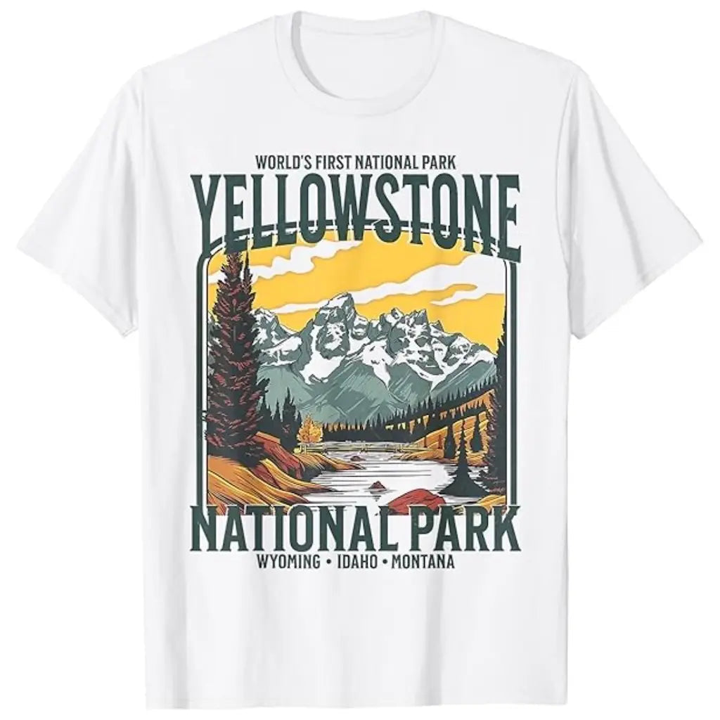 White t-shirt with a Yellowstone National Park graphic.