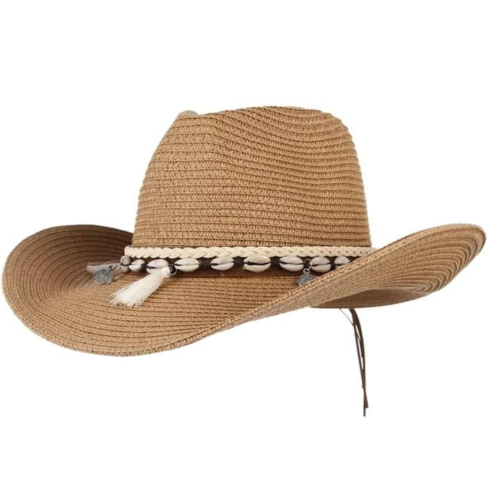 Tan straw cowboy hat with a decorative band of shells and tassels.
