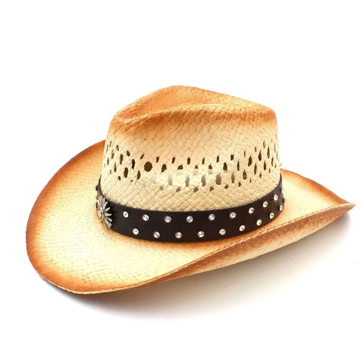 Tan straw cowboy hat with black rhinestone band.
