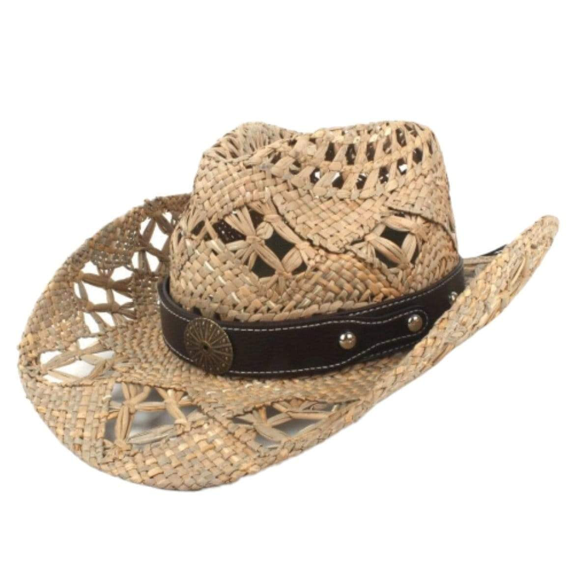 Tan straw cowboy hat with brown leather band.
