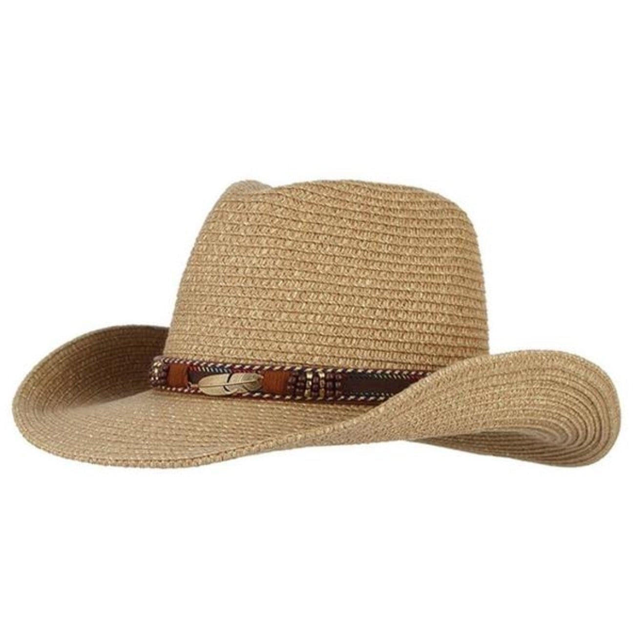 Tan straw cowboy hat with decorative band.
