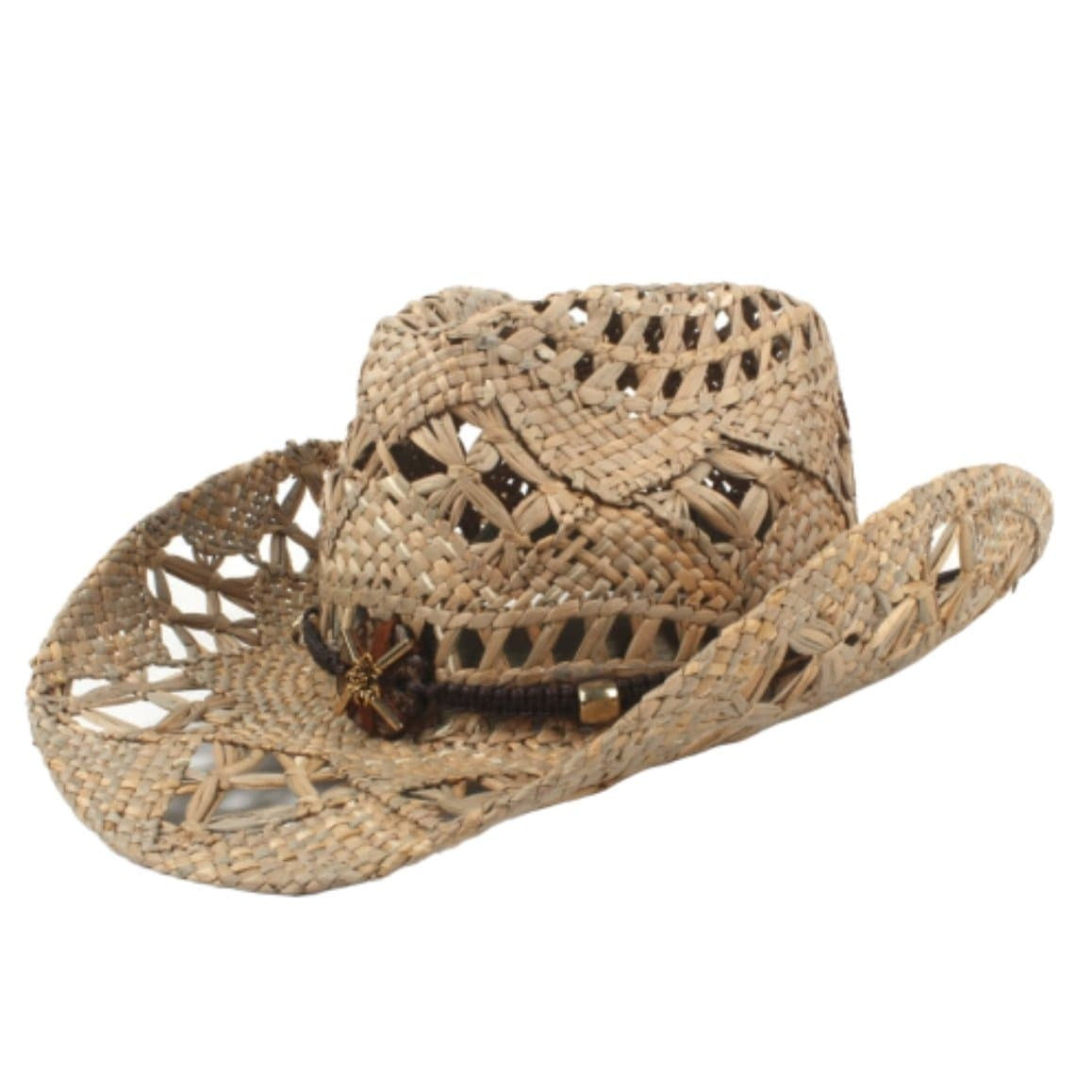 Tan, woven straw cowboy hat.