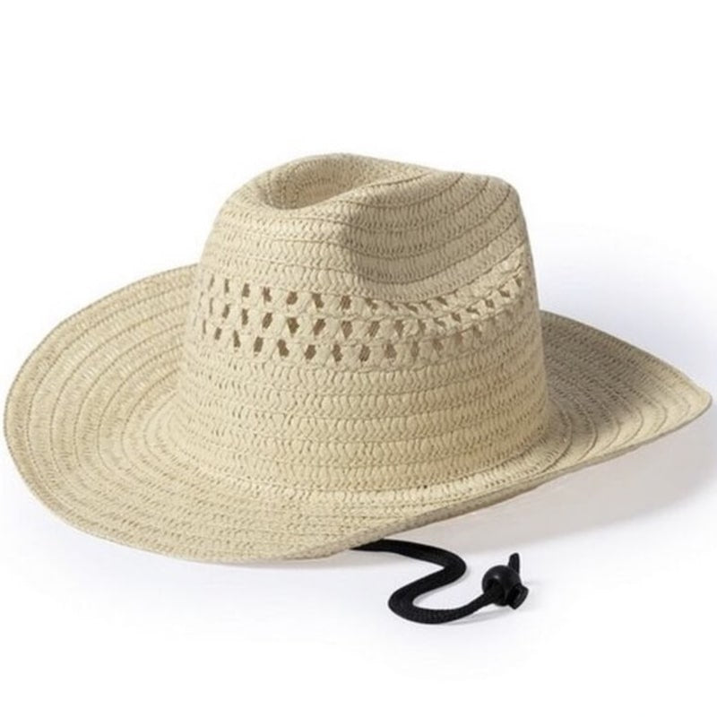 Tan woven straw cowboy hat with a black drawstring.