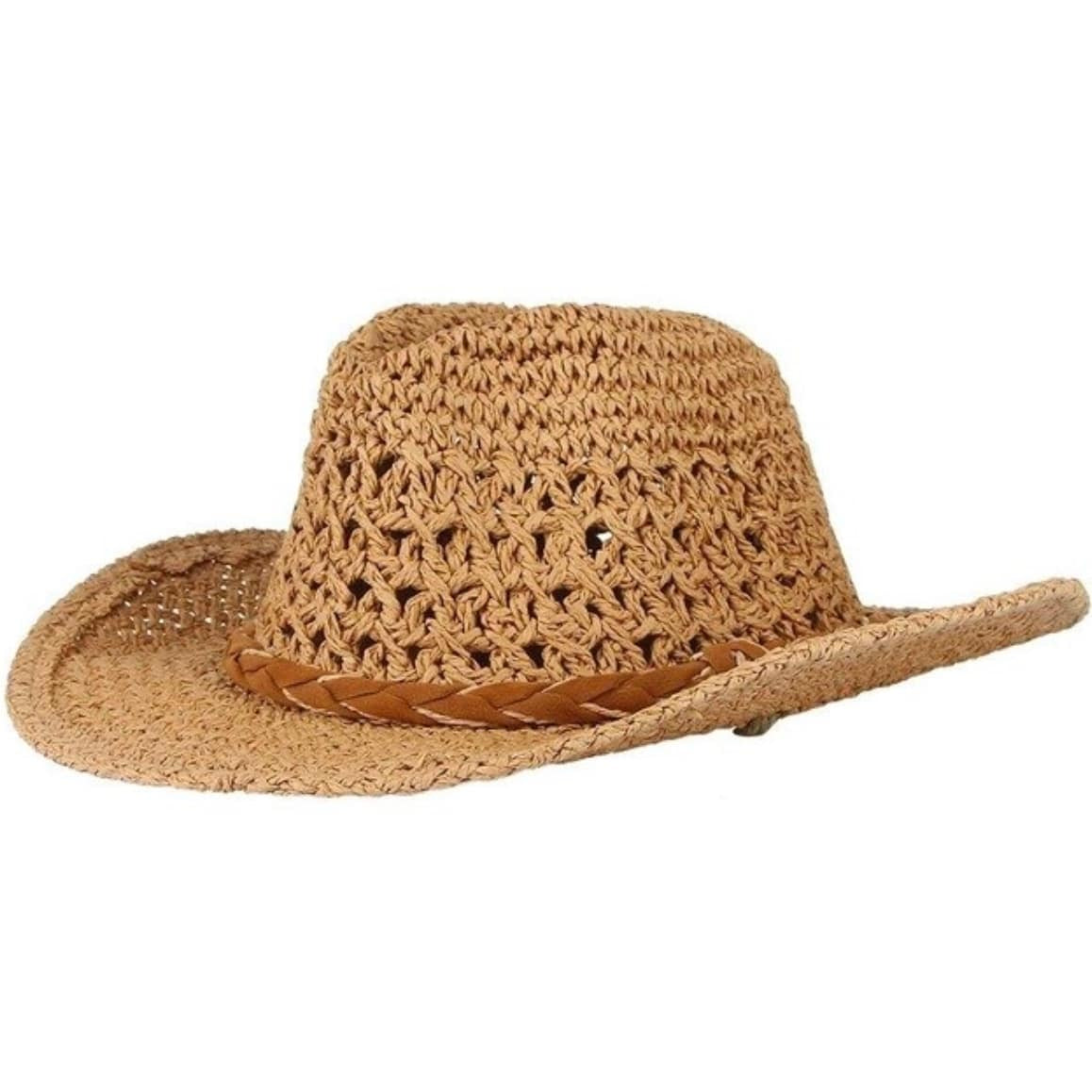 Tan woven straw cowboy hat with a braided brown leather hatband.