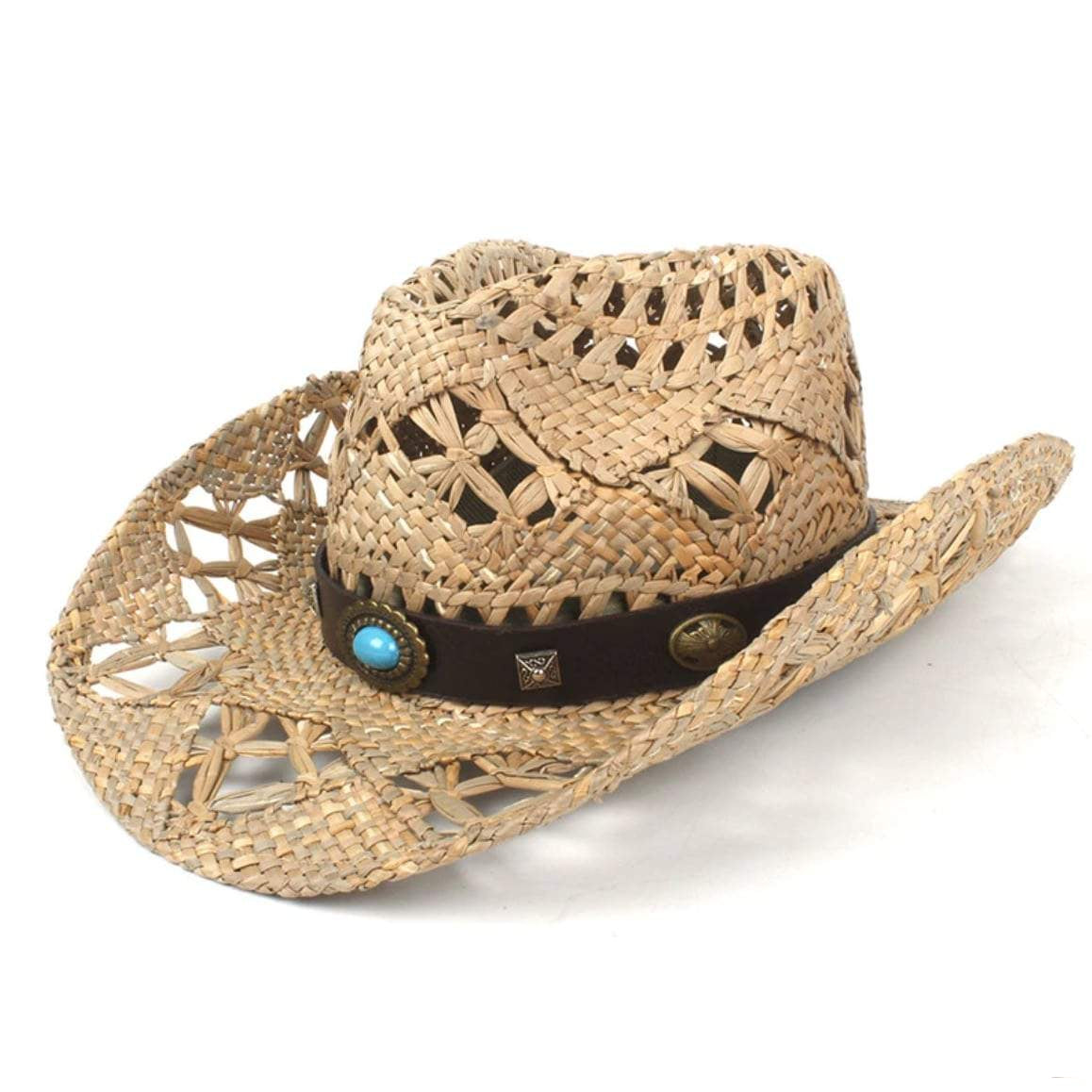 Tan woven straw cowboy hat with brown band and turquoise embellishments.