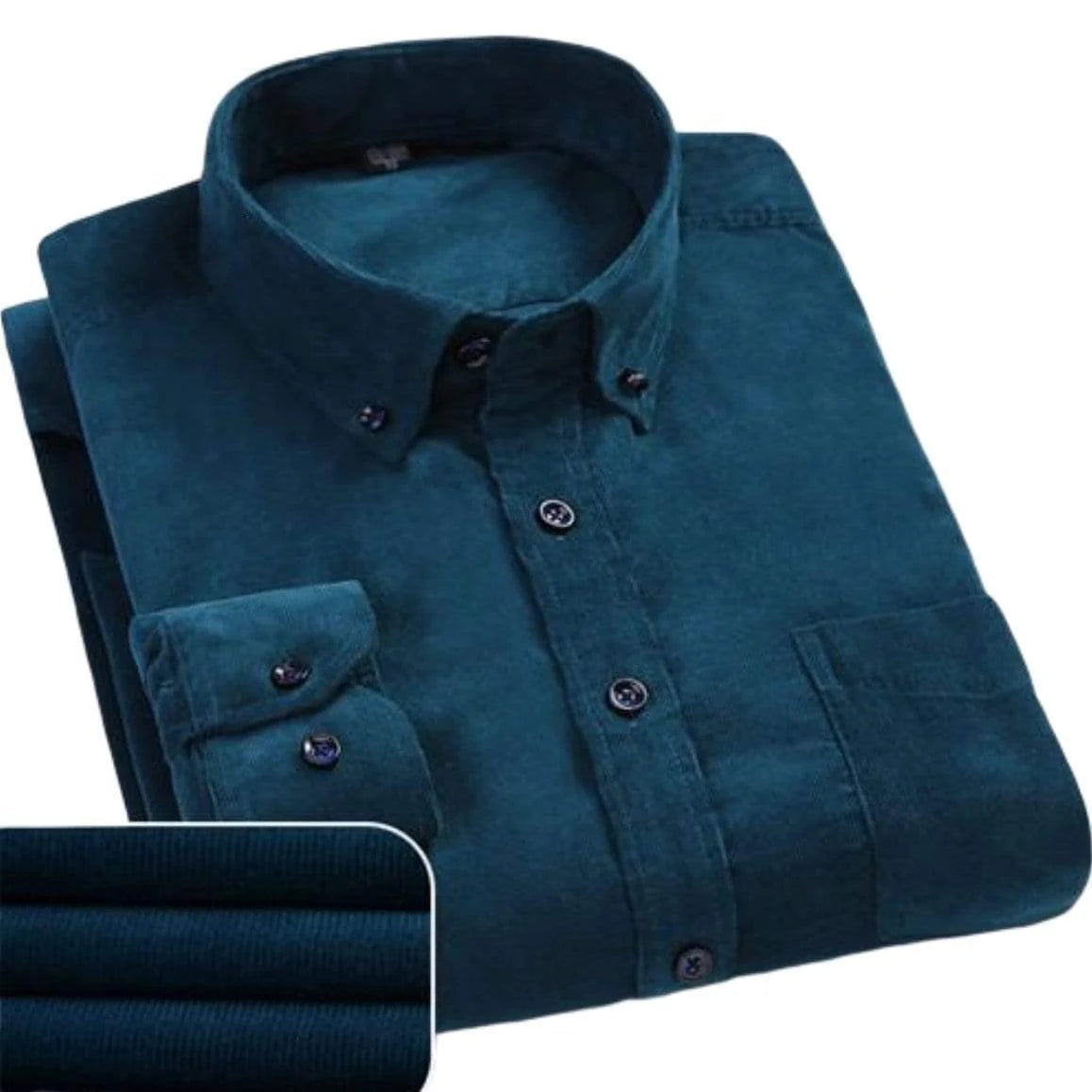 Corduroy shirt, teal green, button-down.
