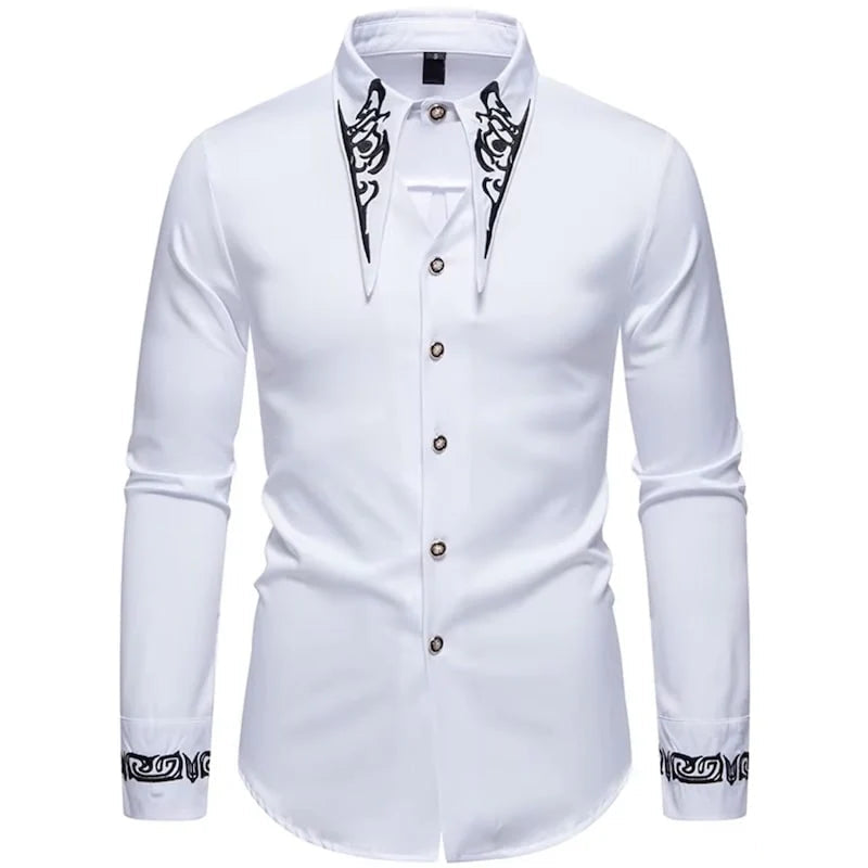 White long-sleeved shirt with black embroidery on collar and cuffs.