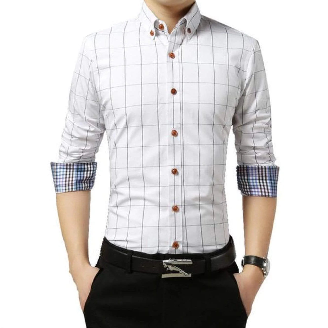 Man wearing a white plaid dress shirt, black pants, and a watch.