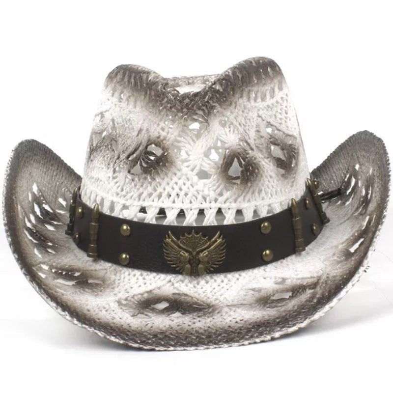 White and brown distressed cowboy hat with dark brown studded band.
