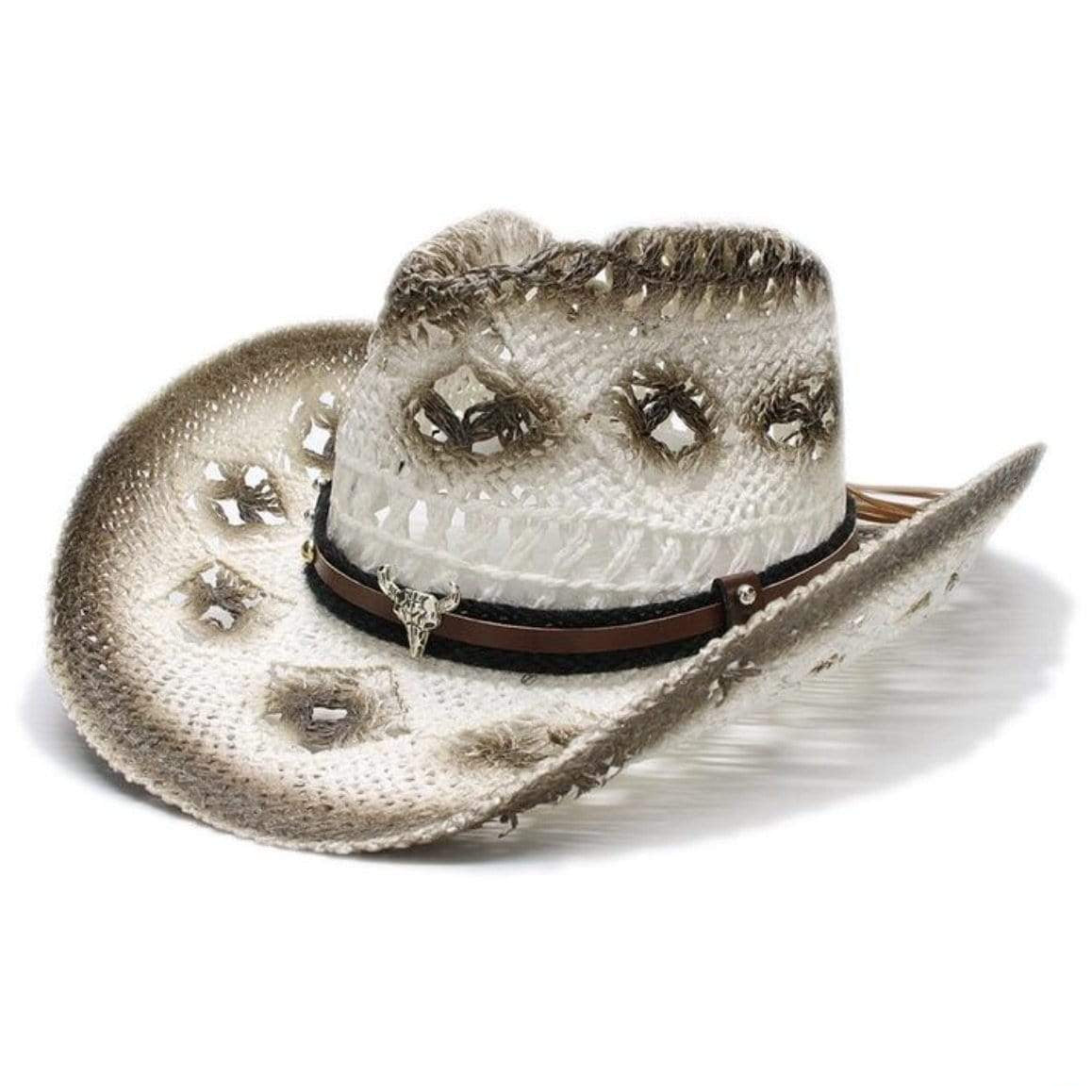 White and brown woven cowboy hat with bull skull decoration.
