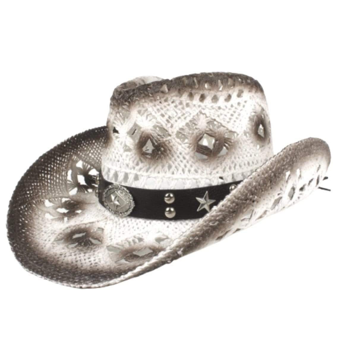 White crocheted cowboy hat with dark brown accents.