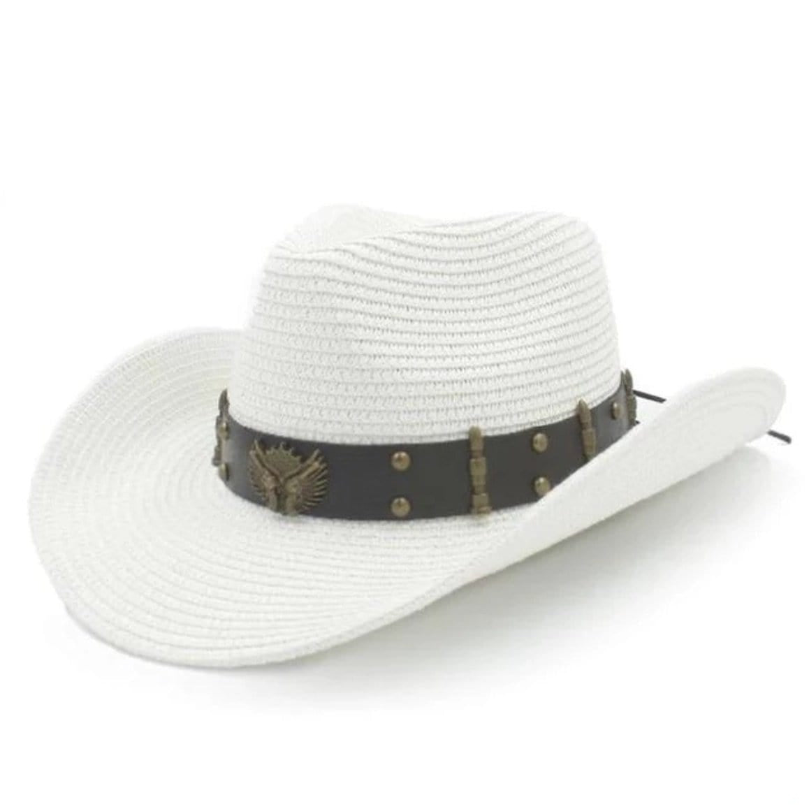 White straw cowboy hat with brown and bronze band.