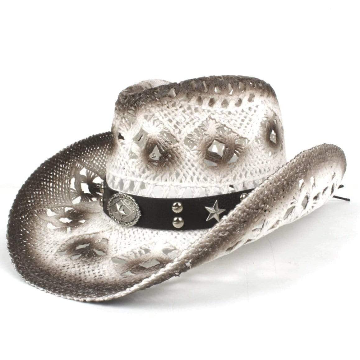 White woven cowboy hat with black star-studded band.