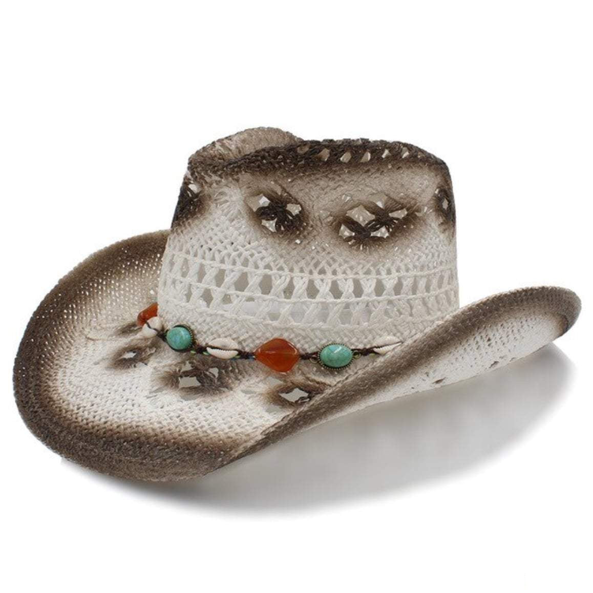 White woven cowboy hat with brown accents and a beaded hatband.
