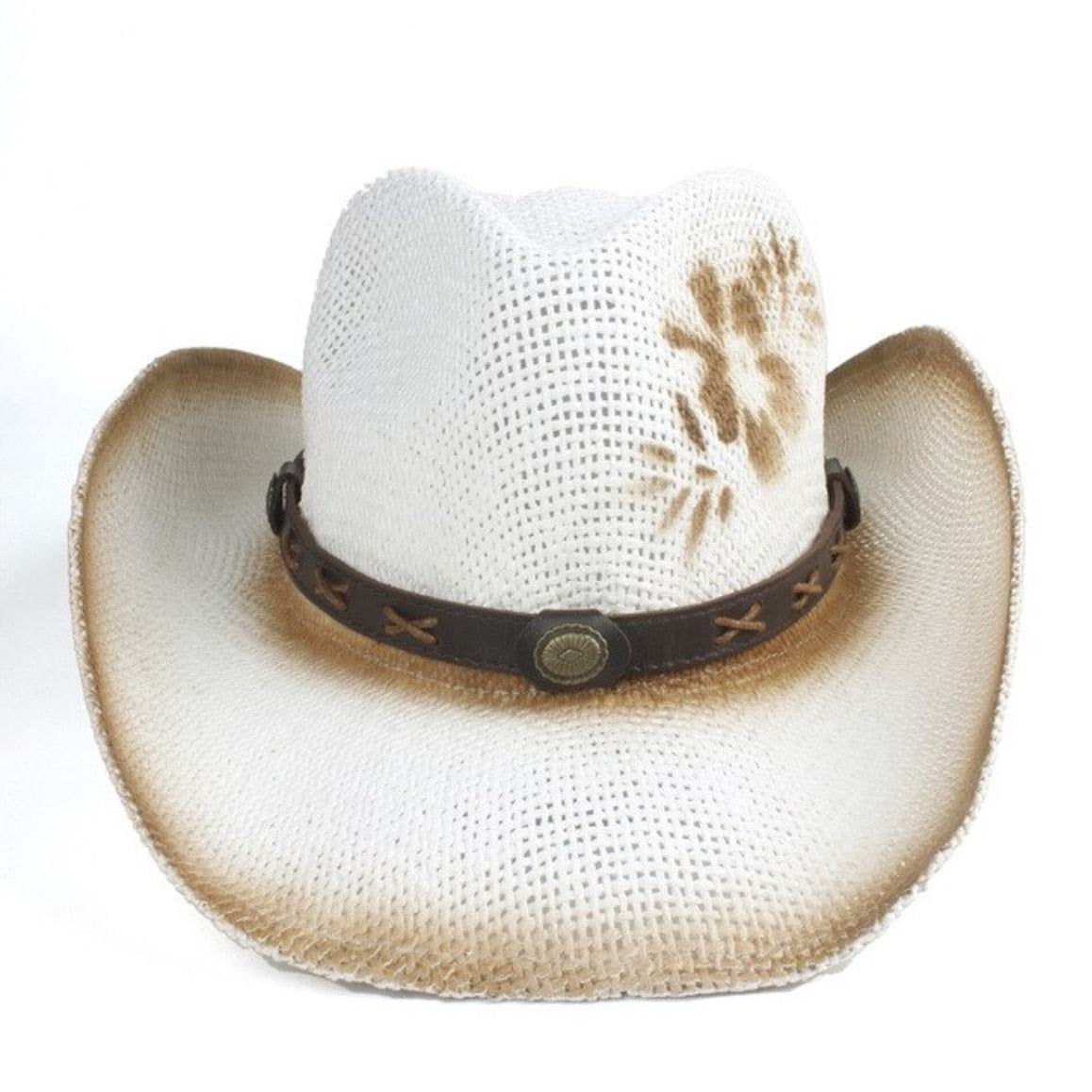 White woven cowboy hat with brown band and brown accents.