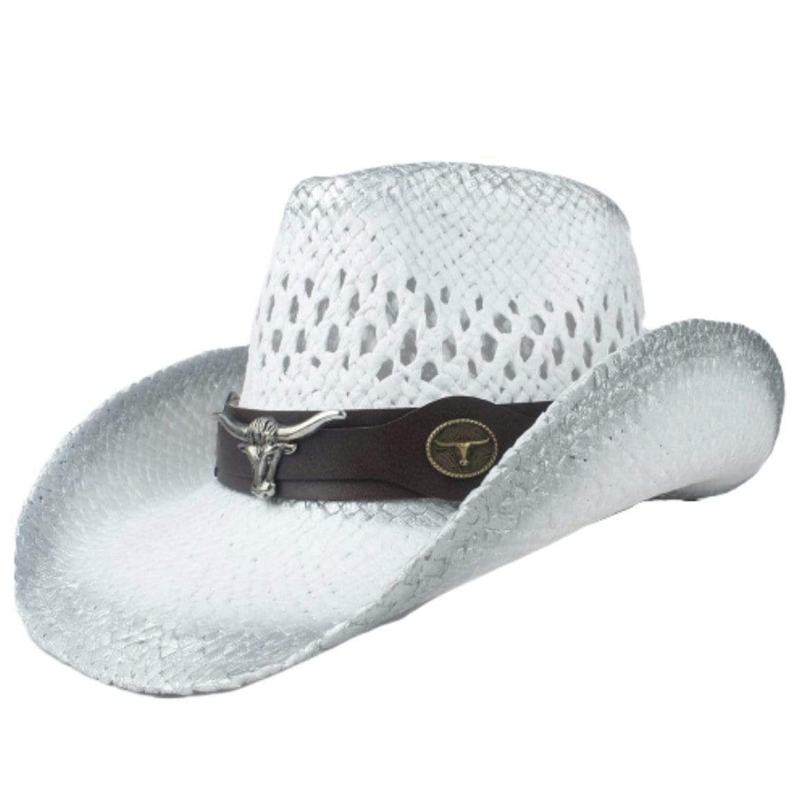 White woven cowboy hat with brown leather band and silver bull accents.
