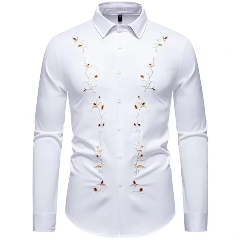 White long-sleeved dress shirt with floral embroidery.