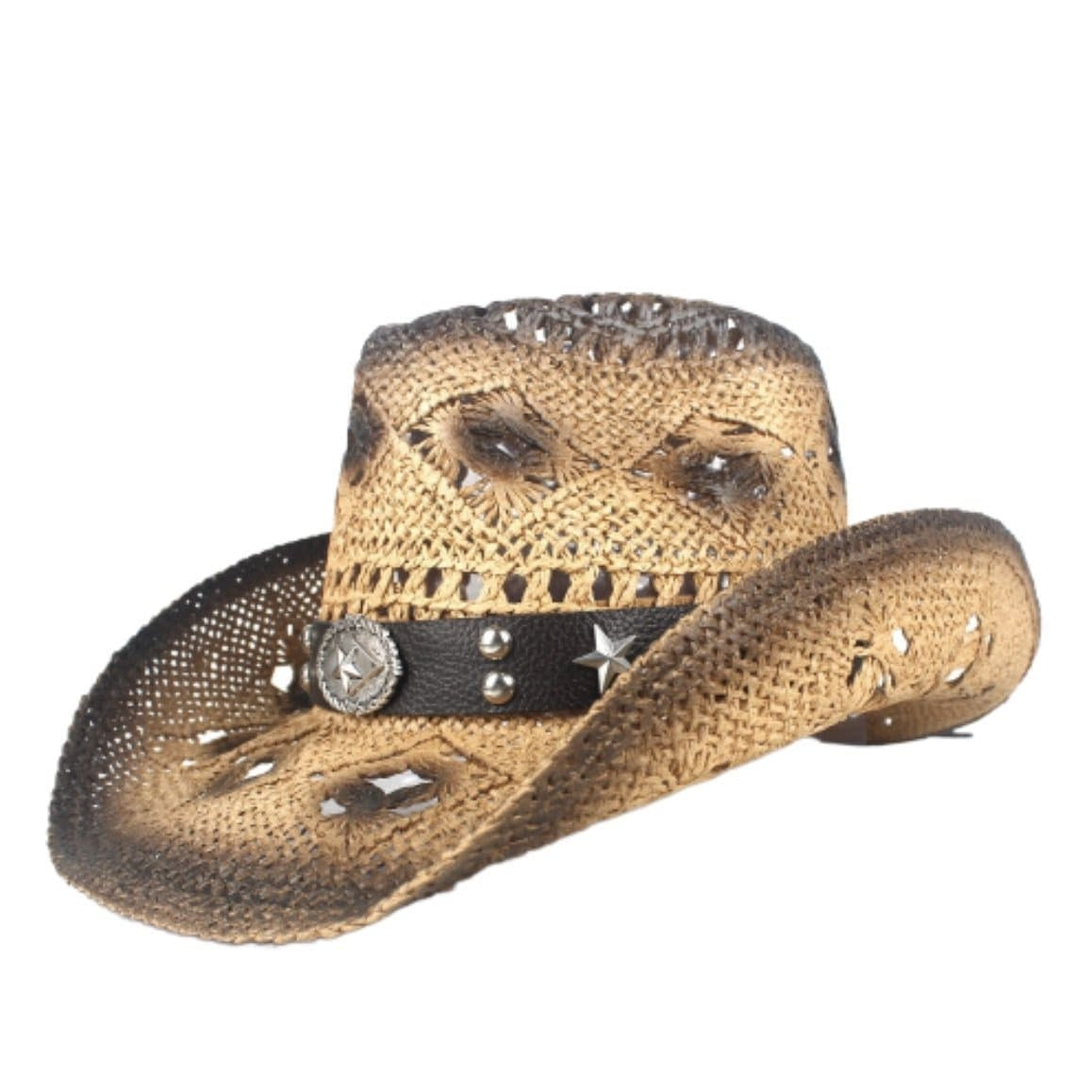 Woven brown cowboy hat with black leather band and silver embellishments.
