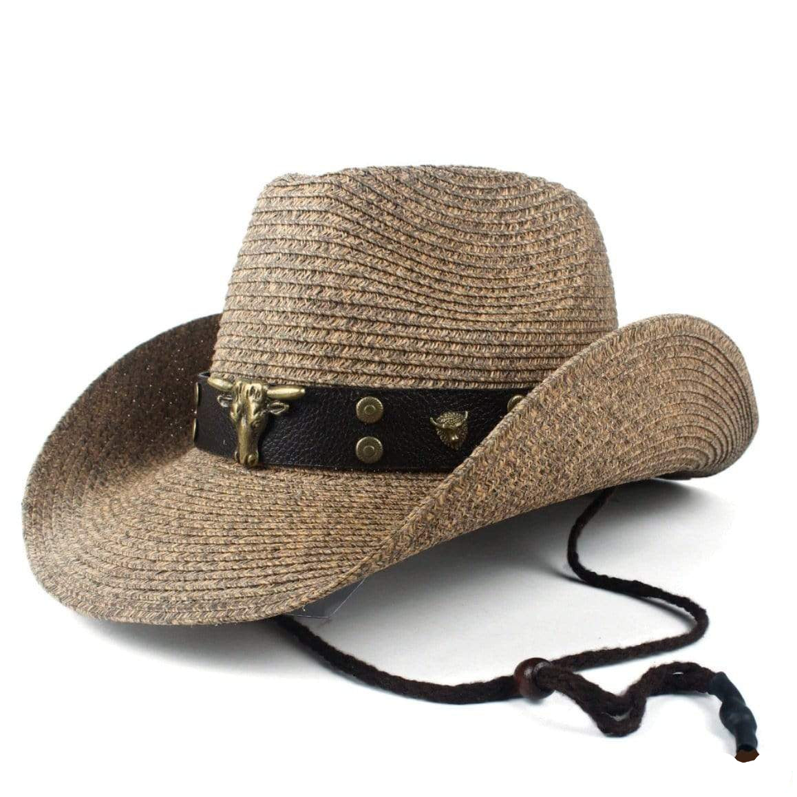 Woven cowboy hat with leather band and bull head.