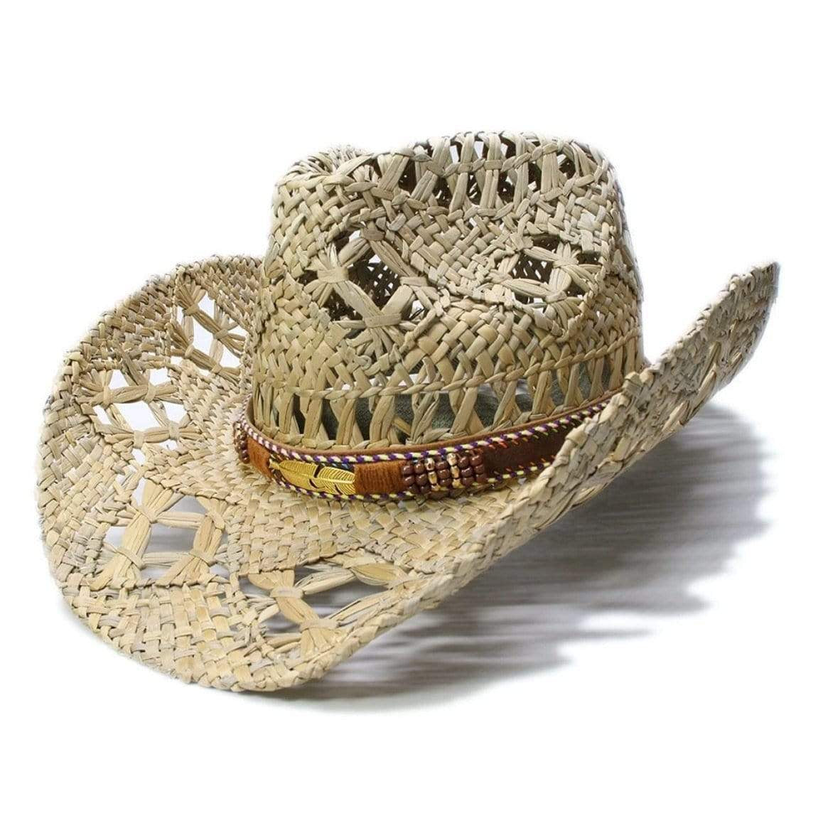 Woven straw cowboy hat with beaded band.
