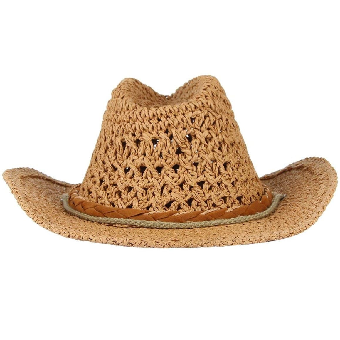 Woven straw cowboy hat with brown leather band.