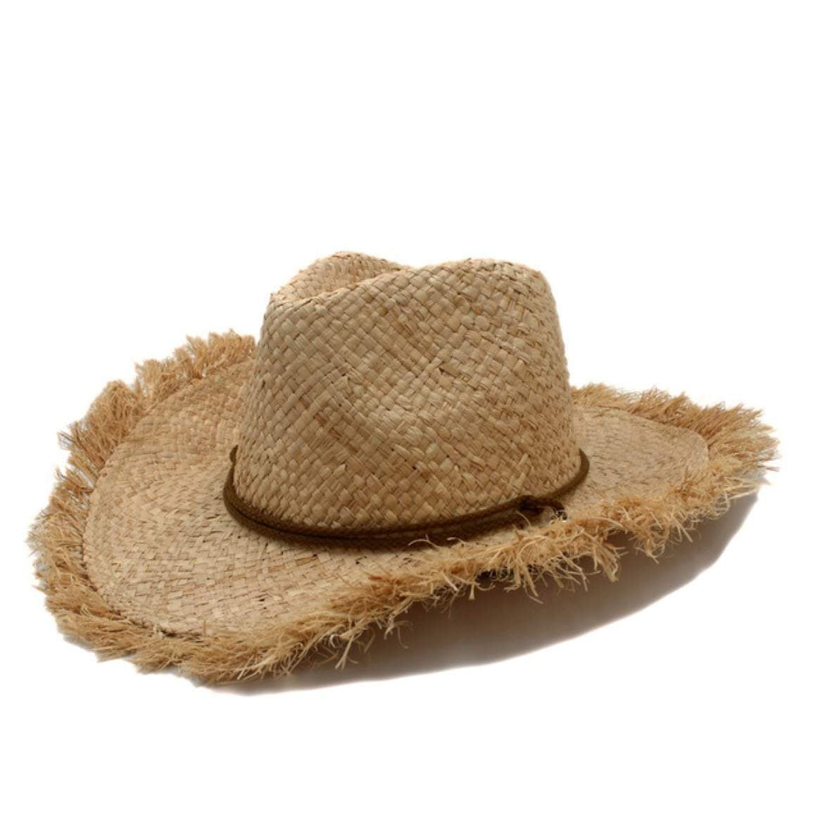 Woven straw cowboy hat with frayed brim and brown cord.
