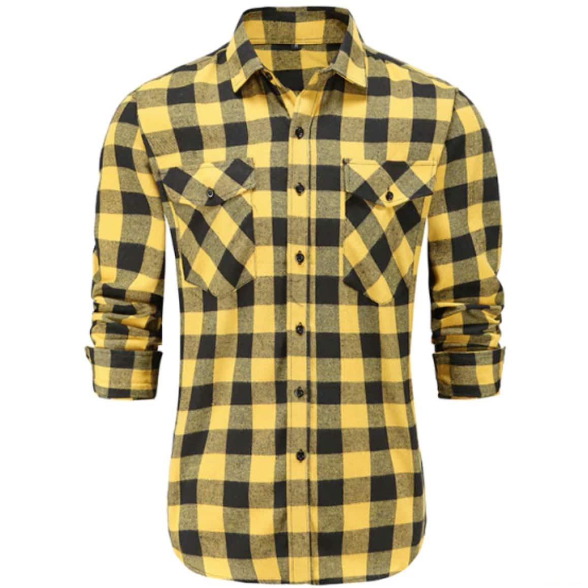 Yellow and black plaid flannel shirt.